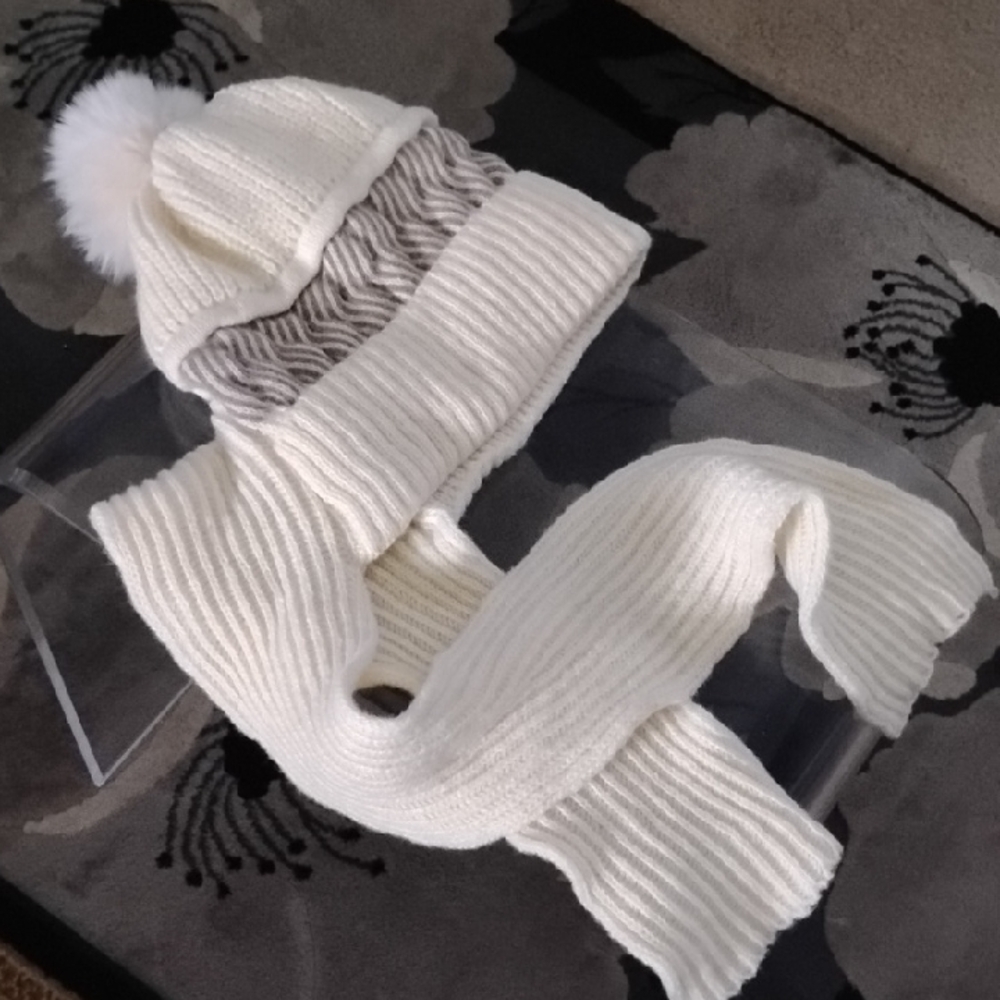 Cozy Cream and Tan Kids Hat with attached scarf  (fits age 4-10 )